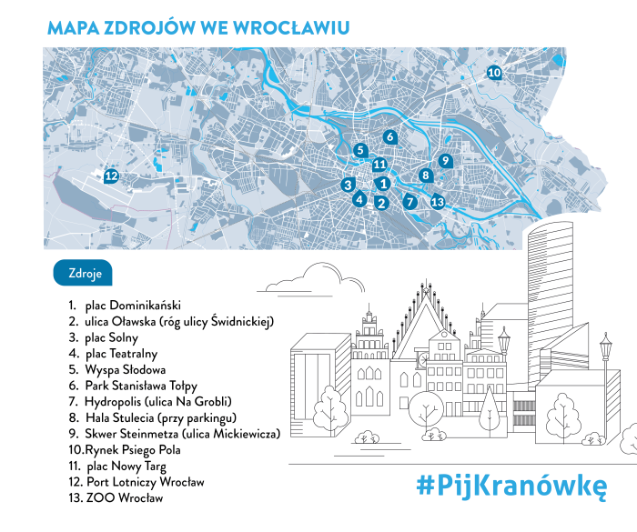 Na zdjęciu mapa Wrocławia z zaznaczonymi punktami, gdzie znajdują się zdroje uliczne