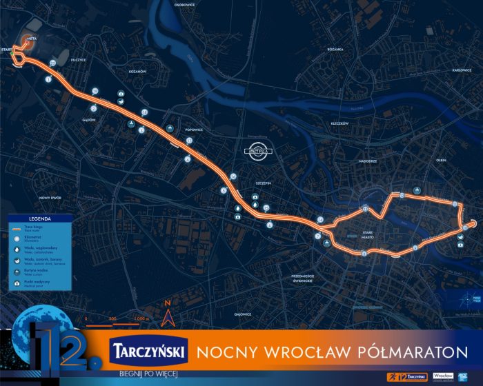 Trasa Nocny Tarczyński Wrocław Połmaraton z oznaczeniem punktów wodnych z przękąskami